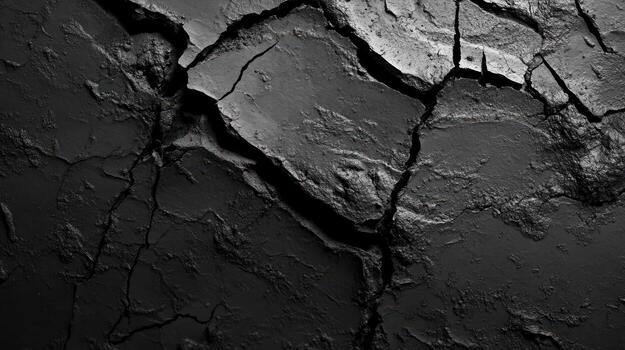 Close-up of cracked black dry soil texture showing natural patterns and details photo