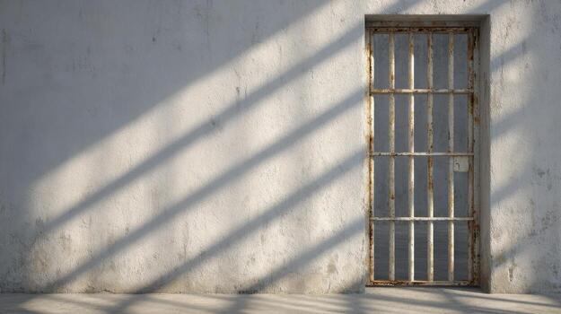 Prison Cell Door With Shadows On Concrete Wall. Symbol Of Confinement And Isolation photo