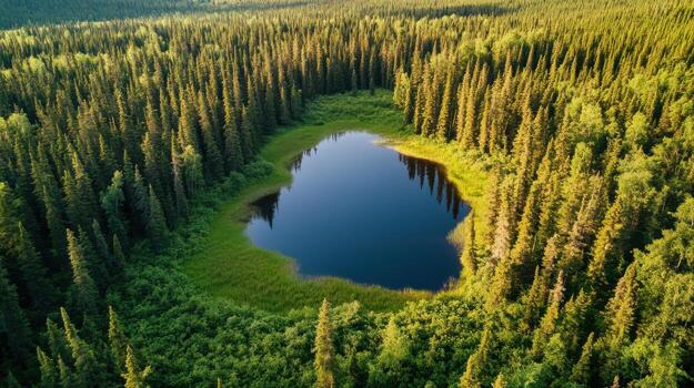 Aerial view of heart-shaped lake surrounded by dense evergreen for nature concepts photo