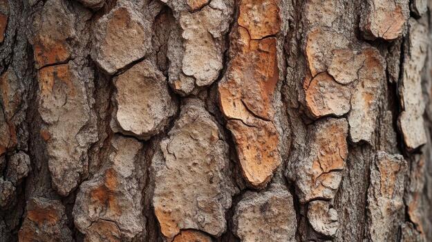 Textured close-up of tree bark with natural patterns and rough surfaces in warm tones photo