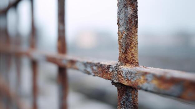 Rusty Metal Fence Close-Up With Blurred Background. Symbol Of Decay And Time photo