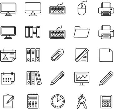 Collection of black outline icons for office and technology items computer monitor desktop computer vector
