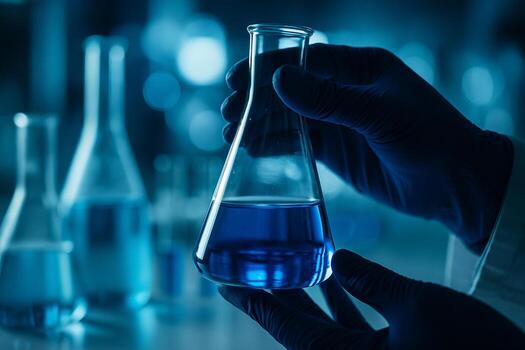 close up of gloved hand holding an Erlenmeyer flask with blue liquid in modern laboratory with glassware in background clean and precise atmosphere photo