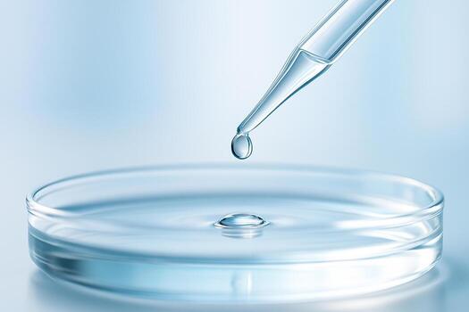 macro image of a clear pipette releasing a droplet into a petri dish with sharp reflection on liquid surface in clean sterile laboratory atmosphere photo
