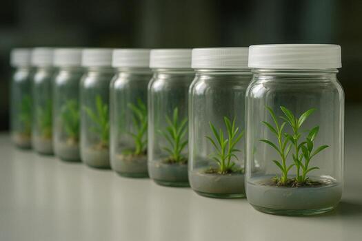 ultra realistic image of young green plants growing in transparent sealed jars with agar medium arranged neatly on a clean lab table in a sterile and controlled environment photo