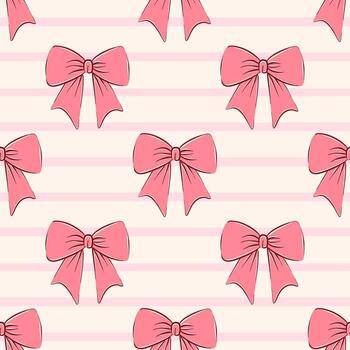 Seamless pattern of pink bows on pastel striped background, decorative design for textile and wrapping paper. vector