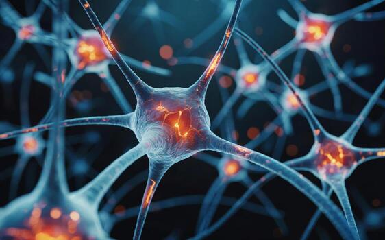 A complex network of interconnected neurons is depicted with glowing synapses, highlighting their intricate pathways photo