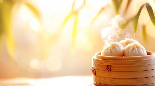 A bamboo container with steaming food photo