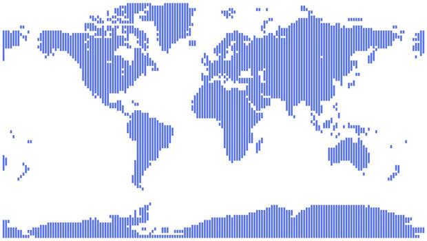 Vertical line shape world map with balanced vertical spacing across globe surface. Minimalist atlas representation with geometric accuracy vector