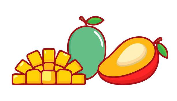 Artistic mango drawing with glossy surface, sliced half showing golden cubes, isolated on white with ample copy space. vector