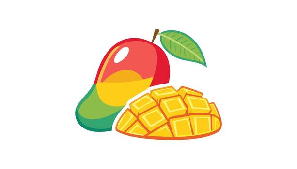 Playful tropical mango artwork, bright and smooth style, half fruit and sliced cubes, minimal white backdrop for layout. vector