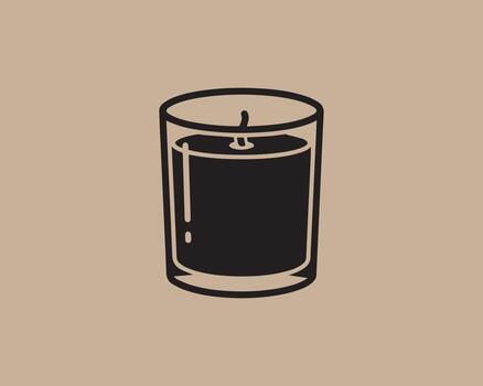 Simple line drawing of a black candle in a glass container on a tan background vector