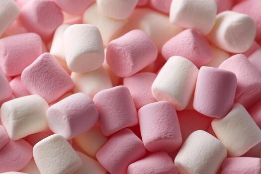 A close-up image shows a pile of pink and white marshmallows, viewed from above photo