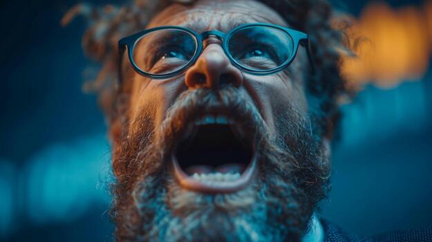 A close-up, low-angle shot of a bearded man with glasses, mouth agape in a possible scream or shout, with blue and amber lighting photo