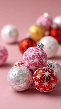 a pile of festive Christmas ornaments in various colors and designs, like pink, white, and red with snowflake patterns, on a pink surface photo