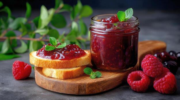 Raspberry jam in a jar and on toast, with fresh raspberries and mint, all on a wooden board photo