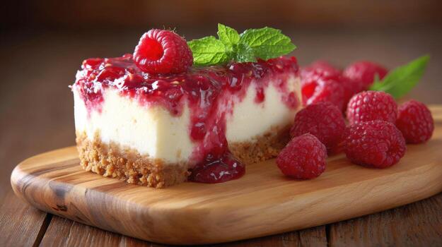 Raspberry cheesecake slice on wooden board photo