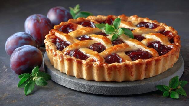 Plum tart with lattice crust and mint photo