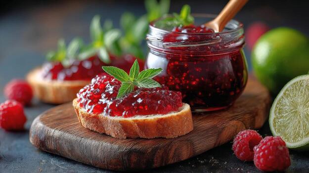 Raspberry jam on toast with mint photo