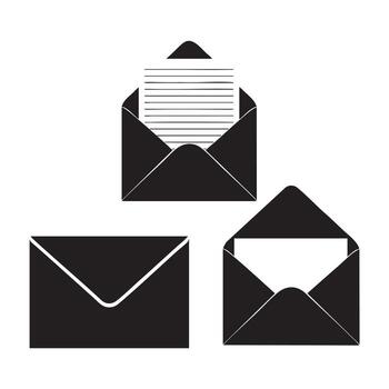 Black silhouette icons of an open envelope with paper a closed envelope and an open envelope with a blank sheet vector