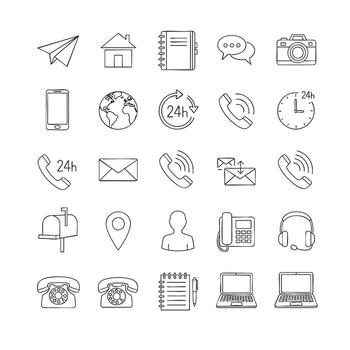 Collection of 25 thin line icons for communication technology and business on a white background vector