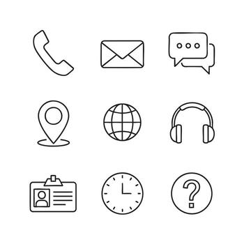 Set of nine thin line icons representing communication and business services on a white background vector