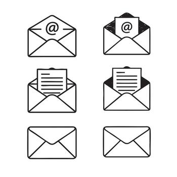 colección de seis dibujado a mano línea Arte íconos de sobres y correos electrónicos en un blanco antecedentes mensaje vector
