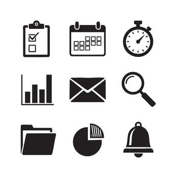 Nine solid black icons representing business and productivity tasks like checklists, calendars, and charts vector