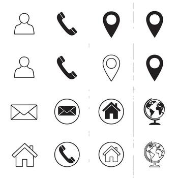 Set of outline and filled icons representing contact information and location services person vector