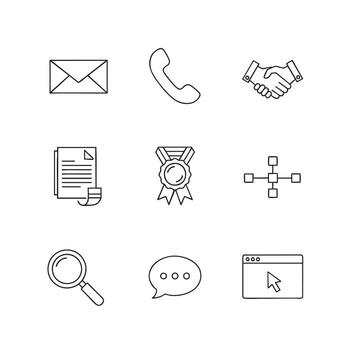 Set of thin line icons representing business and communication concepts like mail, phone, and handshake vector