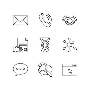 Business and Communication Icons Including Envelope Phone Handshake Document Medal Network Chat Magnifying Glass and Browser Window vector