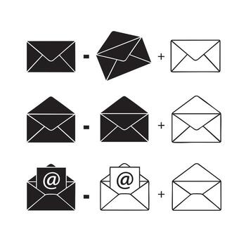 Sequence of Black and White Envelope Icons Illustrating Email Sending Process message communication vector