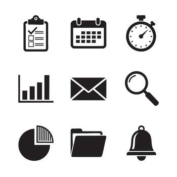 negocio y Finanzas íconos incluso grafico, sobre, aumentador vaso, tarta cuadro, carpeta, y campana vector