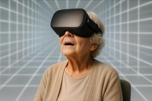 Senior Woman Experiencing Virtual Reality with Headset in Futuristic Digital Environment photo
