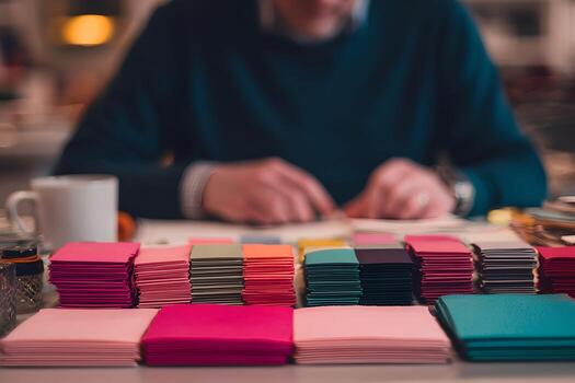 A man is working on a project with a stack of colorful paper photo