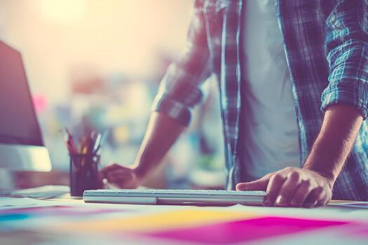 A person is working on a computer with a keyboard photo