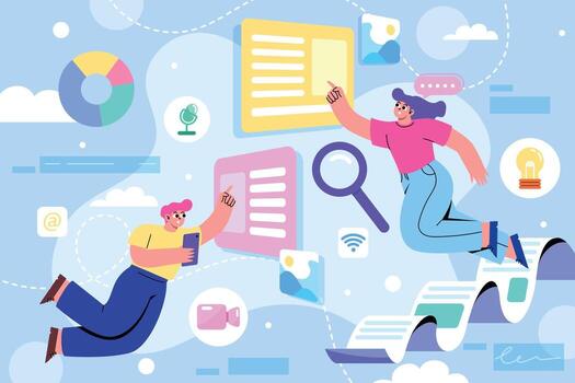 People exploring digital information and technology vector