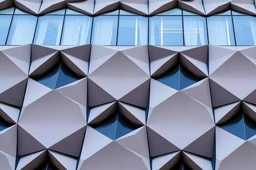 A building with a large window and a large triangular pattern photo