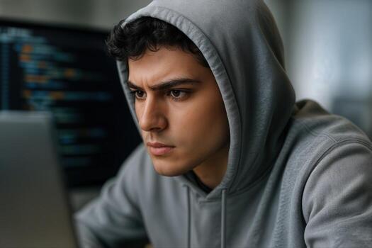 Focused Young Man Debugging Code on Laptop in Modern Office Setting photo