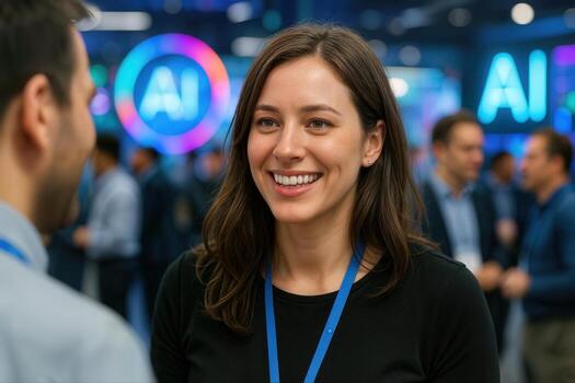 Technology Expo Featuring AI Networking with Attendees Engaged in Conversation at a Lively Convention Center photo