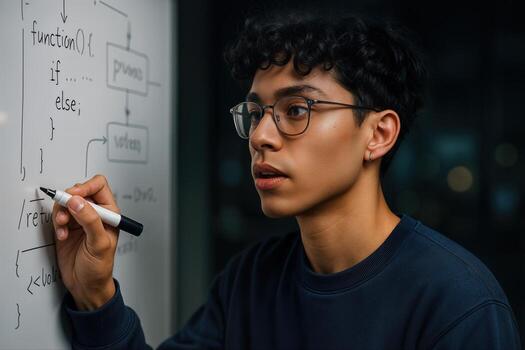 Young Developer Writing Code on Whiteboard During Night Study Session in Modern Office photo