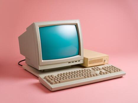 Retro computer setup featuring a beige monitor, CPU, and keyboard on a soft pink backdrop. photo