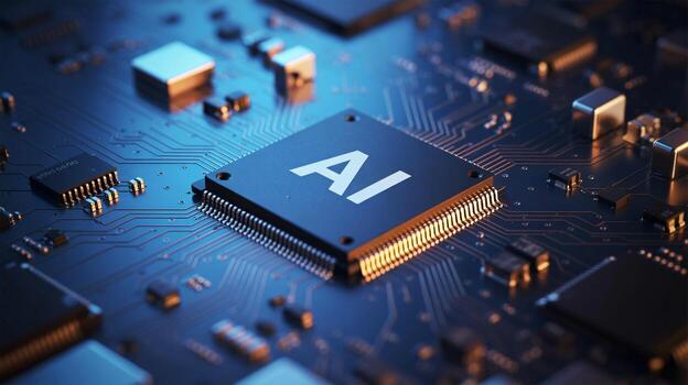 Close up of a computer chip labeled 'AI', surrounded by intricate circuit pathways and glowing elements. photo
