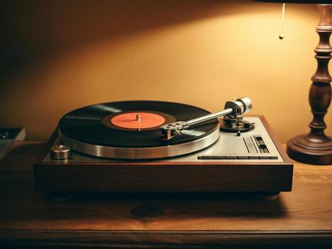 A vintage record player playing a vinyl, creating a warm, nostalgic atmosphere in a cozy setting. photo