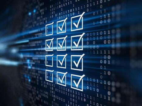 Conceptual image of digital checklists symbolizing progress with blue binary coding in the background. photo