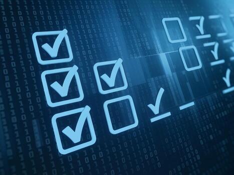 Digital checklist with glowing checkmarks on a blue binary background, symbolizing task completion. photo