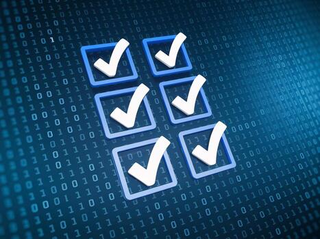 Digital checklist with checkmarks on a binary background, symbolizing task completion and efficiency. photo