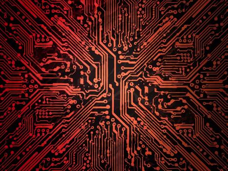 intrincado rojo circuito tablero diseño con un complejo modelo y brillante líneas creando un alta tecnología atmósfera. foto