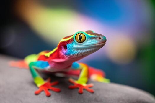 Vibrant close-up of a colorful gecko with striking patterns and a curious expression. photo