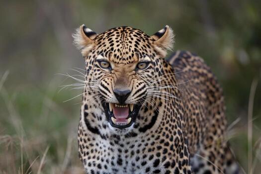 Close-up of a fierce leopard displaying its sharp teeth in a fierce expression. photo